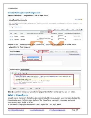 </apex:page>
How to Defining Custom Components :
Setup > Develop > Components, Click on New button.
Step 1 : Enter Label Name then write VisualForce Component after then click on Save button.
Step 2 : After that create new VisualForce page and write here some cod you can see below.
What is VisualForce
VisualForce is framework that allows developers to build refined, custom user interfaces that can be
hosted natively on the Force.com platform. The VisualForce framework includes a tag-based
markup language, similar to HTML.
In VisualForce page you can use html code, JavaScript, CSS, Ajax, Flesh.
www.bispsolutions.com www.bisptrainigs.com www.hyperionguru.com Page 10
 
