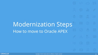 Copyright © 2019, Oracle and/or its affiliates. All rights reserved. 16
Modernization Steps
How to move to Oracle APEX
 