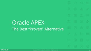 Copyright © 2019, Oracle and/or its affiliates. All rights reserved. 8
Oracle APEX
The Best “Proven” Alternative
 