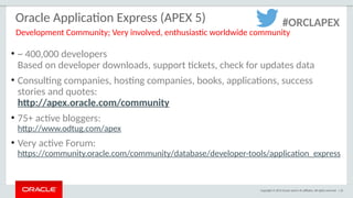 Copyright © 2015 Oracle and/or its affiliates. All rights reserved. | 22
Oracle Application Express (APEX 5)
• ~ 400,000 developers
Based on developer downloads, support tickets, check for updates data
• Consulting companies, hosting companies, books, applications, success
stories and quotes:
http://apex.oracle.com/community
• 75+ active bloggers:
http://www.odtug.com/apex
• Very active Forum:
https://community.oracle.com/community/database/developer-tools/application_express
#ORCLAPEX
Development Community; Very involved, enthusiastic worldwide community
 