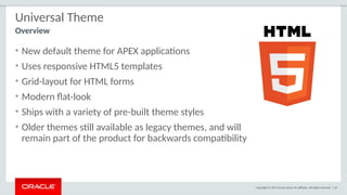 Copyright © 2015 Oracle and/or its affiliates. All rights reserved. | 35
Universal Theme
• New default theme for APEX applications
• Uses responsive HTML5 templates
• Grid-layout for HTML forms
• Modern flat-look
• Ships with a variety of pre-built theme styles
• Older themes still available as legacy themes, and will
remain part of the product for backwards compatibility
Overview
 