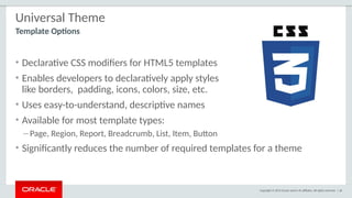 Copyright © 2015 Oracle and/or its affiliates. All rights reserved. | 36
Universal Theme
• Declarative CSS modifiers for HTML5 templates
• Enables developers to declaratively apply styles
like borders, padding, icons, colors, size, etc.
• Uses easy-to-understand, descriptive names
• Available for most template types:
– Page, Region, Report, Breadcrumb, List, Item, Button
• Significantly reduces the number of required templates for a theme
Template Options
 