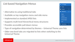 Copyright © 2015 Oracle and/or its affiliates. All rights reserved. | 39
List-based Navigation Menus
• Alternative to using traditional tabs
• Available as top navigation menu and side menu
• Implemented as standard APEX lists
• Supports multi-level hierarchical menu structures
• Provides accessible pull-down menus
• Type of navigation determined by themes – Universal Theme uses lists
• Older one-level tabs are migrated to lists when switching to the
Universal Theme
 