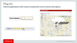 Copyright © 2015 Oracle and/or its affiliates. All rights reserved. | 46
Plug-Ins
Extend applications with custom components such as items and regions
 