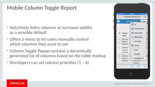 Copyright © 2015 Oracle and/or its affiliates. All rights reserved. | 53
Mobile Column Toggle Report
• Selectively hides columns at narrower widths
as a sensible default
• Offers a menu to let users manually control
which columns they want to see
• Column Toggle Popup contains a dynamically
generated list of columns based on the table markup
• Developers can set column priorities (1 – 6)
 