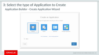 Copyright © 2015 Oracle and/or its affiliates. All rights reserved. | 66
Application Builder - Create Application Wizard
3: Select the type of Application to Create
 