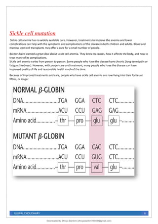UJJWAL CHOUDHARY 6
Sickle cell mutation
Sickle cell anemia has no widely available cure. However, treatments to improve the anemia and lower
complications can help with the symptoms and complications of the disease in both children and adults. Blood and
marrow stem cell transplants may offer a cure for a small number of people.
doctors have learned a great deal about sickle cell anemia. They know its causes, how it affects the body, and how to
treat many of its complications.
Sickle cell anemia varies from person to person. Some people who have the disease have chronic (long-term) pain or
fatigue (tiredness). However, with proper care and treatment, many people who have the disease can have
improved quality of life and reasonable health much of the time.
Because of improved treatments and care, people who have sickle cell anemia are now living into their forties or
fifties, or longer.
Downloaded by Dhivya Darshini (dhivyadarshini160408@gmail.com)
lOMoARcPSD|41270447
 