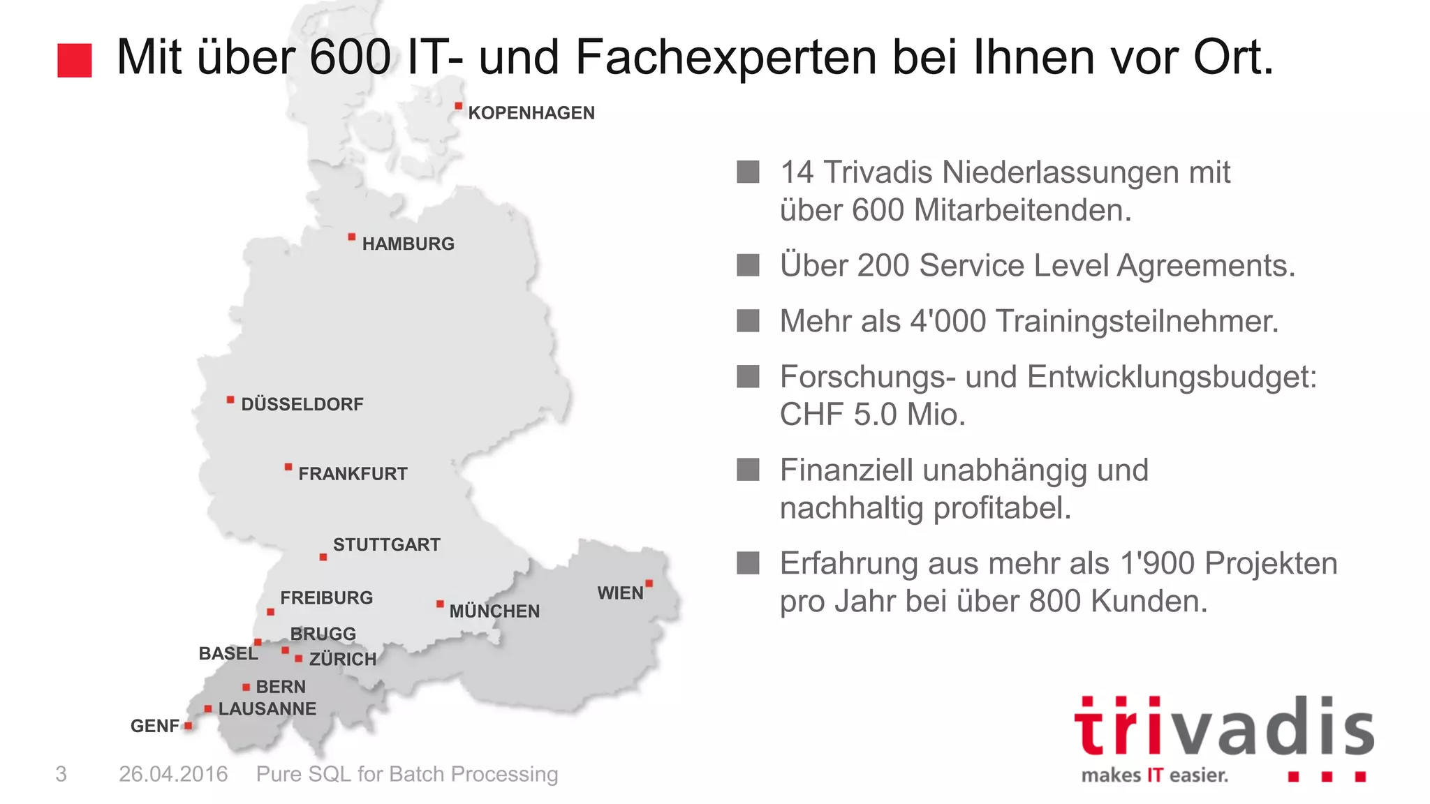 KOPENHAGEN
MÜNCHEN
LAUSANNE
BERN
ZÜRICH
BRUGG
GENF
HAMBURG
DÜSSELDORF
FRANKFURT
STUTTGART
FREIBURG
BASEL
WIEN
Mit über 600 IT- und Fachexperten bei Ihnen vor Ort.
Pure SQL for Batch Processing3 26.04.2016
14 Trivadis Niederlassungen mit
über 600 Mitarbeitenden.
Über 200 Service Level Agreements.
Mehr als 4'000 Trainingsteilnehmer.
Forschungs- und Entwicklungsbudget:
CHF 5.0 Mio.
Finanziell unabhängig und
nachhaltig profitabel.
Erfahrung aus mehr als 1'900 Projekten
pro Jahr bei über 800 Kunden.
 