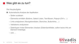Was gibt es zu tun?
18
Die Hauptaufgabe
Automatische Analyse der Applikation
– Seiten auslesen
– Elemente ermitteln (Buttons, Select Listen, Text-Boxen, Popup-LOV‘s….)
– Links analysieren (Navigationslisten, Branches, Buttonlinks….)
– Validations analysieren
– Datentypen hinter Elementen checken (Datenbankfelder, sofern keine Info am
Element hinterlegt)
– usw….
Testen? Wird überschätzt!4/27/2016
 