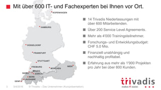 KOPENHAGEN
MÜNCHEN
LAUSANNE
BERN
ZÜRICH
BRUGG
GENF
HAMBURG
DÜSSELDORF
FRANKFURT
STUTTGART
FREIBURG
BASEL
WIEN
Mit über 600 IT- und Fachexperten bei Ihnen vor Ort.
© Trivadis – Das Unternehmen (Kurzpräsentation)3 5/4/2016
14 Trivadis Niederlassungen mit
über 600 Mitarbeitenden.
Über 200 Service Level Agreements.
Mehr als 4'000 Trainingsteilnehmer.
Forschungs- und Entwicklungsbudget:
CHF 5.0 Mio.
Finanziell unabhängig und
nachhaltig profitabel.
Erfahrung aus mehr als 1'900 Projekten
pro Jahr bei über 800 Kunden.
 