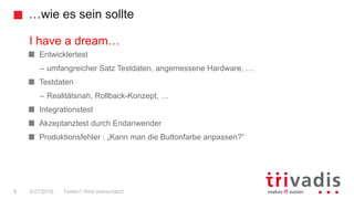 …wie es sein sollte
8
I have a dream…
Entwicklertest
– umfangreicher Satz Testdaten, angemessene Hardware, …
Testdaten
– Realitätsnah, Rollback-Konzept, …
Integrationstest
Akzeptanztest durch Endanwender
Produktionsfehler : „Kann man die Buttonfarbe anpassen?“
Testen? Wird überschätzt!4/27/2016
 