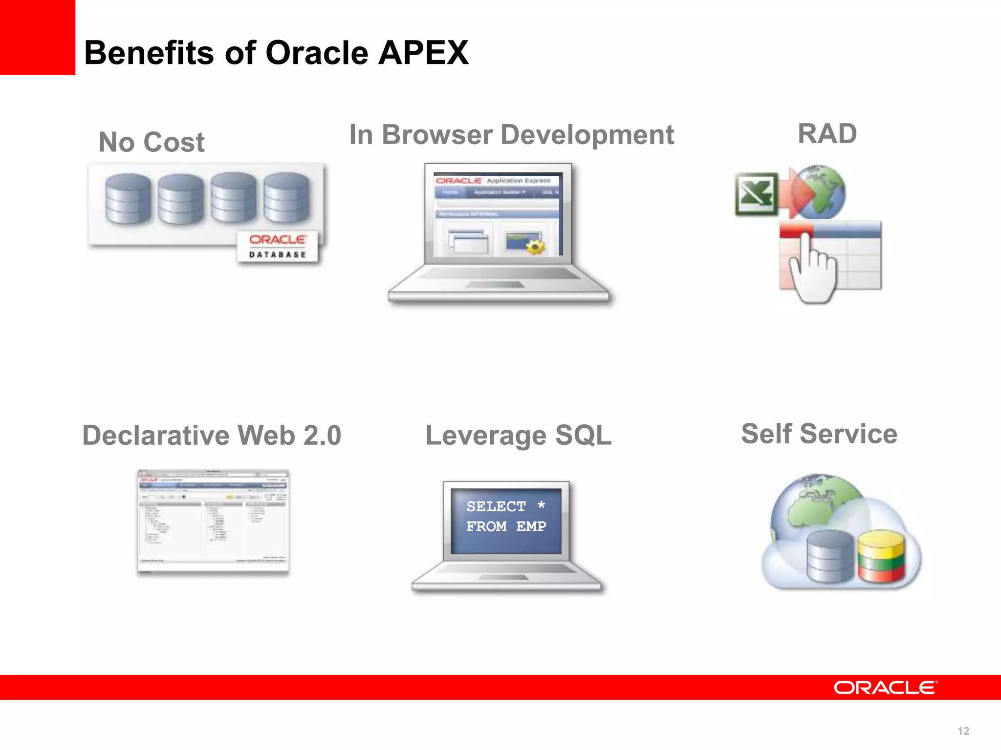 12
Benefits of Oracle APEX
No Cost In Browser Development RAD
Declarative Web 2.0 Self Service
Leverage SQL
SELECT *
FROM EMP
 
