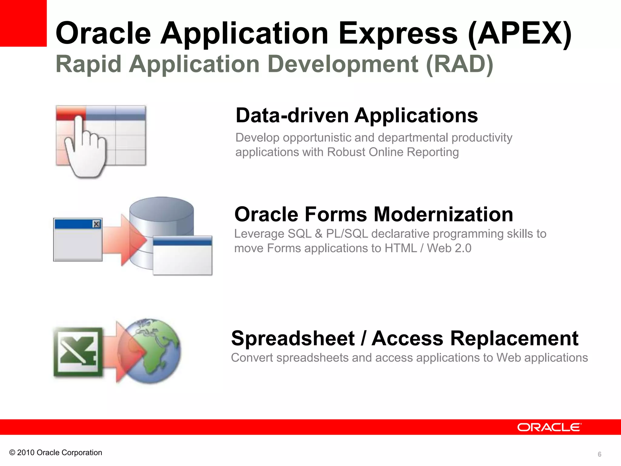 6
Oracle Application Express (APEX)
Rapid Application Development (RAD)
© 2010 Oracle Corporation
Data-driven Applications
Develop opportunistic and departmental productivity
applications with Robust Online Reporting
Spreadsheet / Access Replacement
Convert spreadsheets and access applications to Web applications
Oracle Forms Modernization
Leverage SQL & PL/SQL declarative programming skills to
move Forms applications to HTML / Web 2.0
 