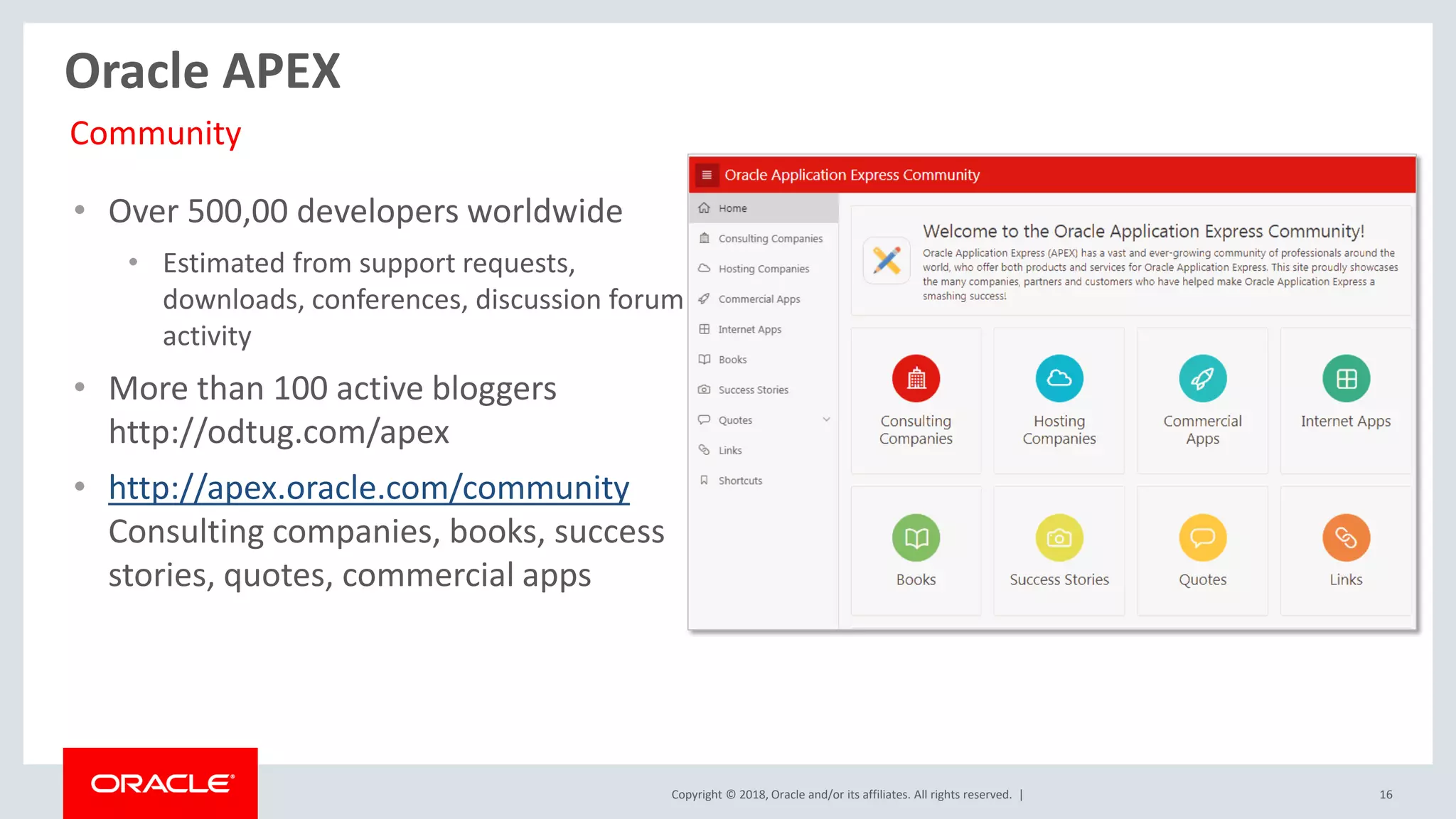 Copyright © 2018, Oracle and/or its affiliates. All rights reserved. | 16
• Over 500,00 developers worldwide
• Estimated from support requests,
downloads, conferences, discussion forum
activity
• More than 100 active bloggers
http://odtug.com/apex
• http://apex.oracle.com/community
Consulting companies, books, success
stories, quotes, commercial apps
Community
Oracle APEX
 