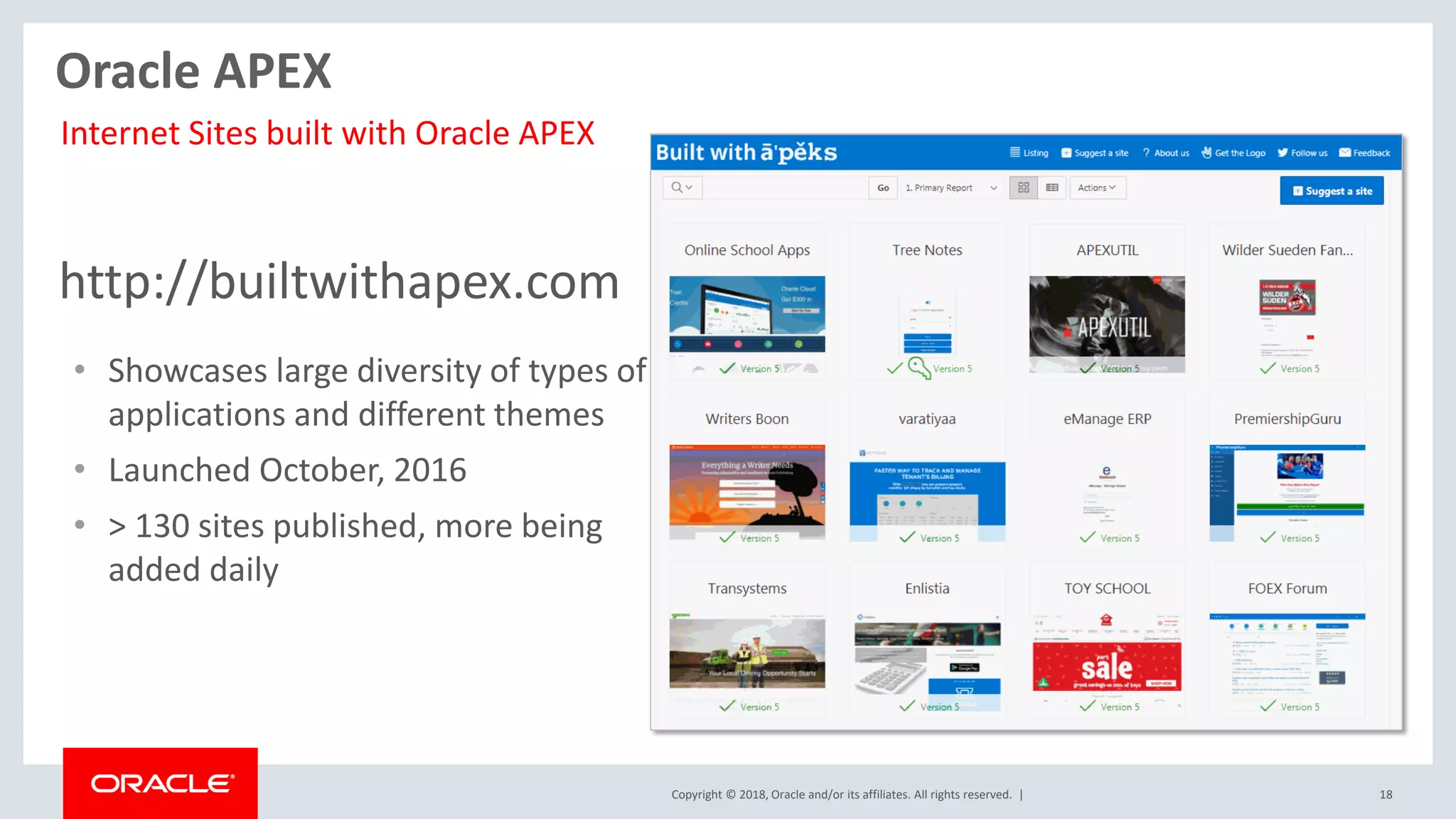 Copyright © 2018, Oracle and/or its affiliates. All rights reserved. | 18
http://builtwithapex.com
• Showcases large diversity of types of
applications and different themes
• Launched October, 2016
• > 130 sites published, more being
added daily
Internet Sites built with Oracle APEX
Oracle APEX
 