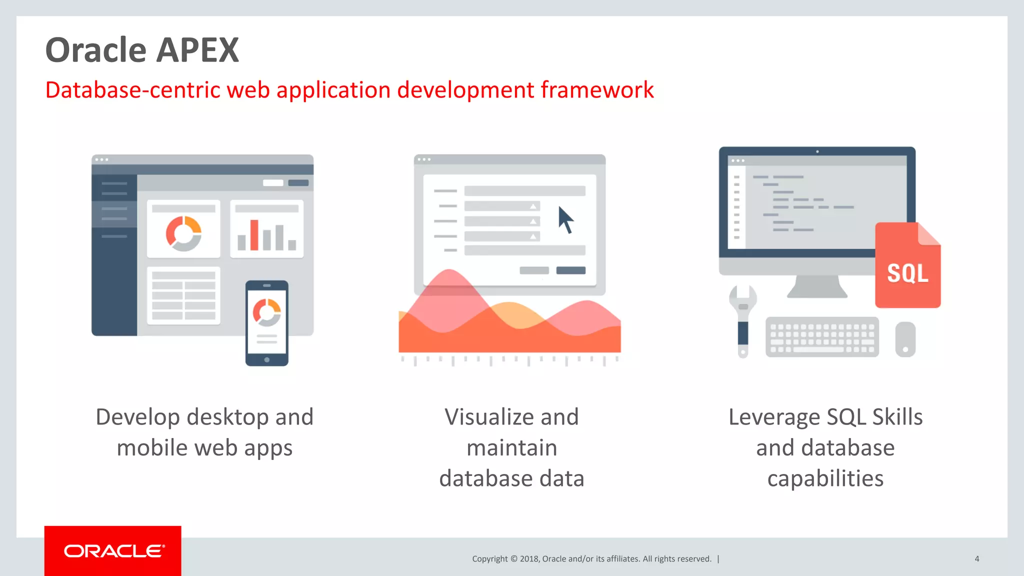 Copyright © 2018, Oracle and/or its affiliates. All rights reserved. | 4
Oracle APEX
Database-centric web application development framework
Develop desktop and
mobile web apps
Visualize and
maintain
database data
Leverage SQL Skills
and database
capabilities
 
