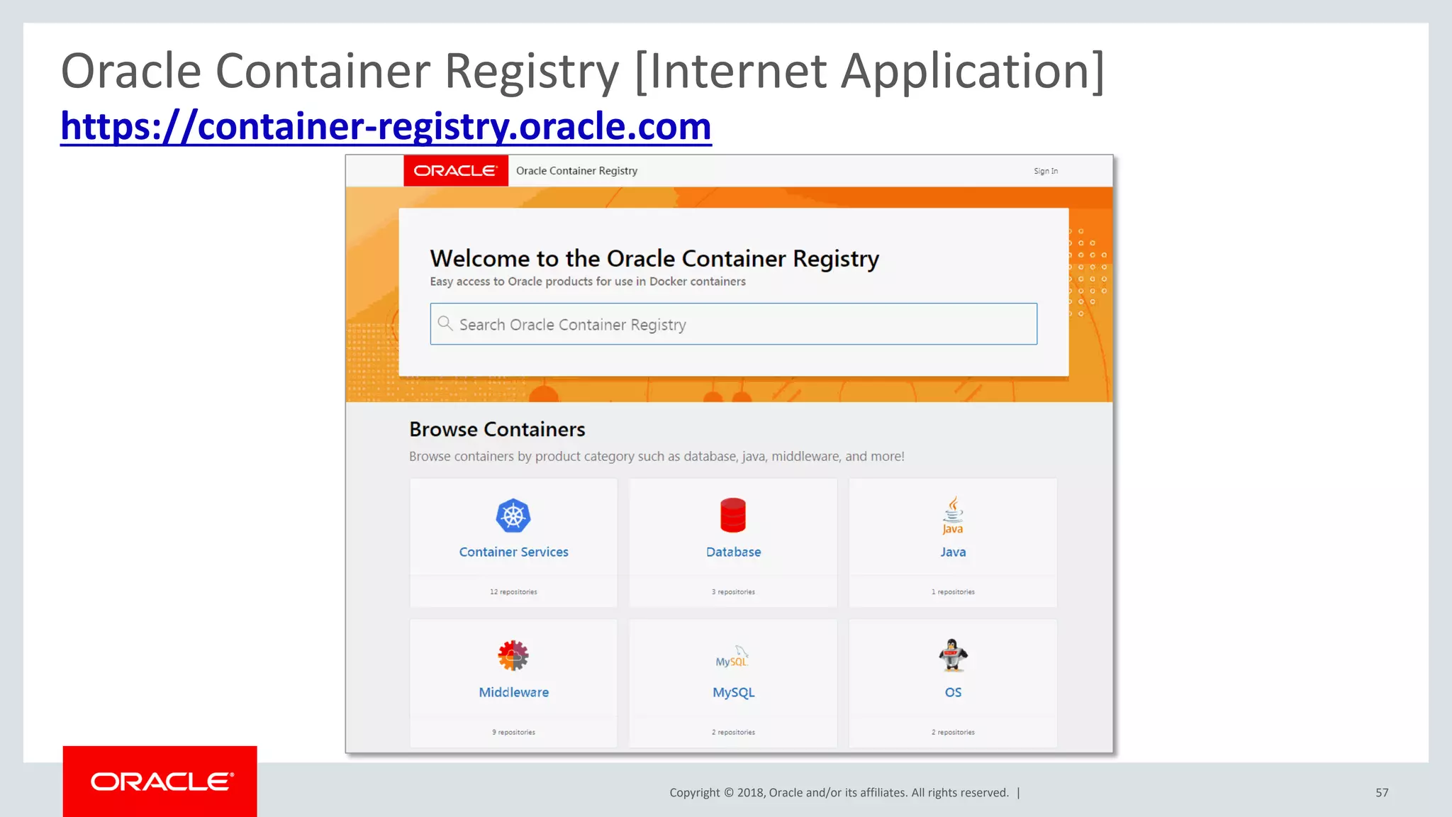 Copyright © 2018, Oracle and/or its affiliates. All rights reserved. | 57
https://container-registry.oracle.com
Oracle Container Registry [Internet Application]
 