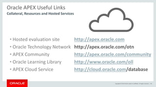 Copyright © 2015 Oracle and/or its affiliates. All rights reserved. | 18
Oracle APEX Useful Links
• Hosted evaluation site http://apex.oracle.com
• Oracle Technology Network http://apex.oracle.com/otn
• APEX Community http://apex.oracle.com/community
• Oracle Learning Library http://www.oracle.com/oll
• APEX Cloud Service http://cloud.oracle.com/database
Collateral, Resources and Hosted Services
 
