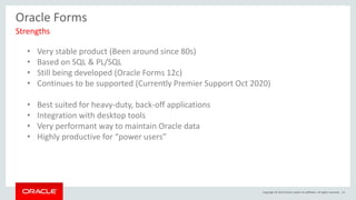 Copyright © 2015 Oracle and/or its affiliates. All rights reserved. | 6
Oracle Forms
Strengths
• Very stable product (Been around since 80s)
• Based on SQL & PL/SQL
• Still being developed (Oracle Forms 12c)
• Continues to be supported (Currently Premier Support Oct 2020)
• Best suited for heavy-duty, back-off applications
• Integration with desktop tools
• Very performant way to maintain Oracle data
• Highly productive for “power users”
 