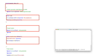(function(aaapeks, debug, $) {
/**
* Private Log function, adds filename as a prefix
* @param {object} arguments - default arguments object
*/
function log(){
Array.prototype.unshift.call(arguments, '020_aaapeks.js');
debug.log.apply(debug,arguments);
};
/**
* Private Function
* @param {string} pParam1 - string parameter
* @private
*/
function privateFunction (pParam1) {
log('privateFunction', arguments);
apex.message.alert(pParam1);
};
/**
* Public function
* @param {string} pParam1 - string parameter
* @example
* aaapeks.publicFunction('This is a test');
 