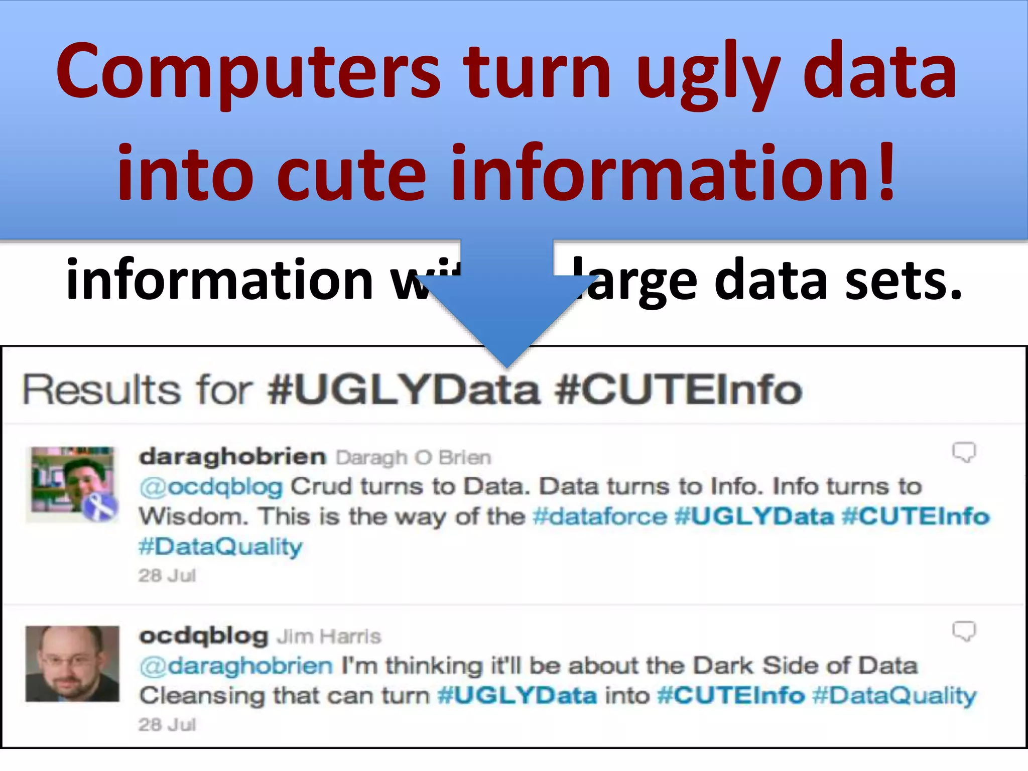 EK 3.2.1C
Computing tools facilitate the
discovery of connections in
information within large data sets.
Computers turn ugly data
into cute information!
 
