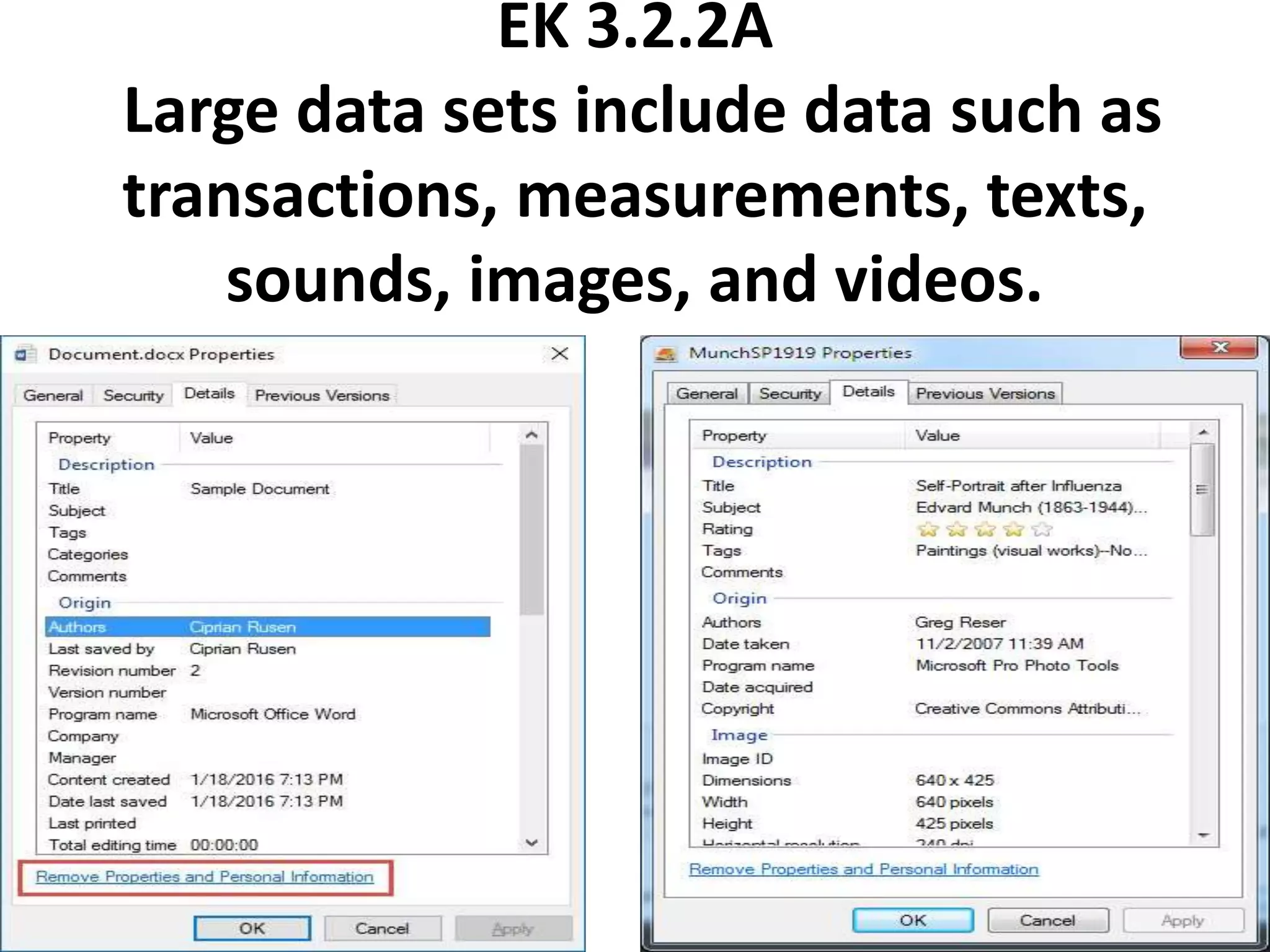 EK 3.2.2A
Large data sets include data such as
transactions, measurements, texts,
sounds, images, and videos.
 