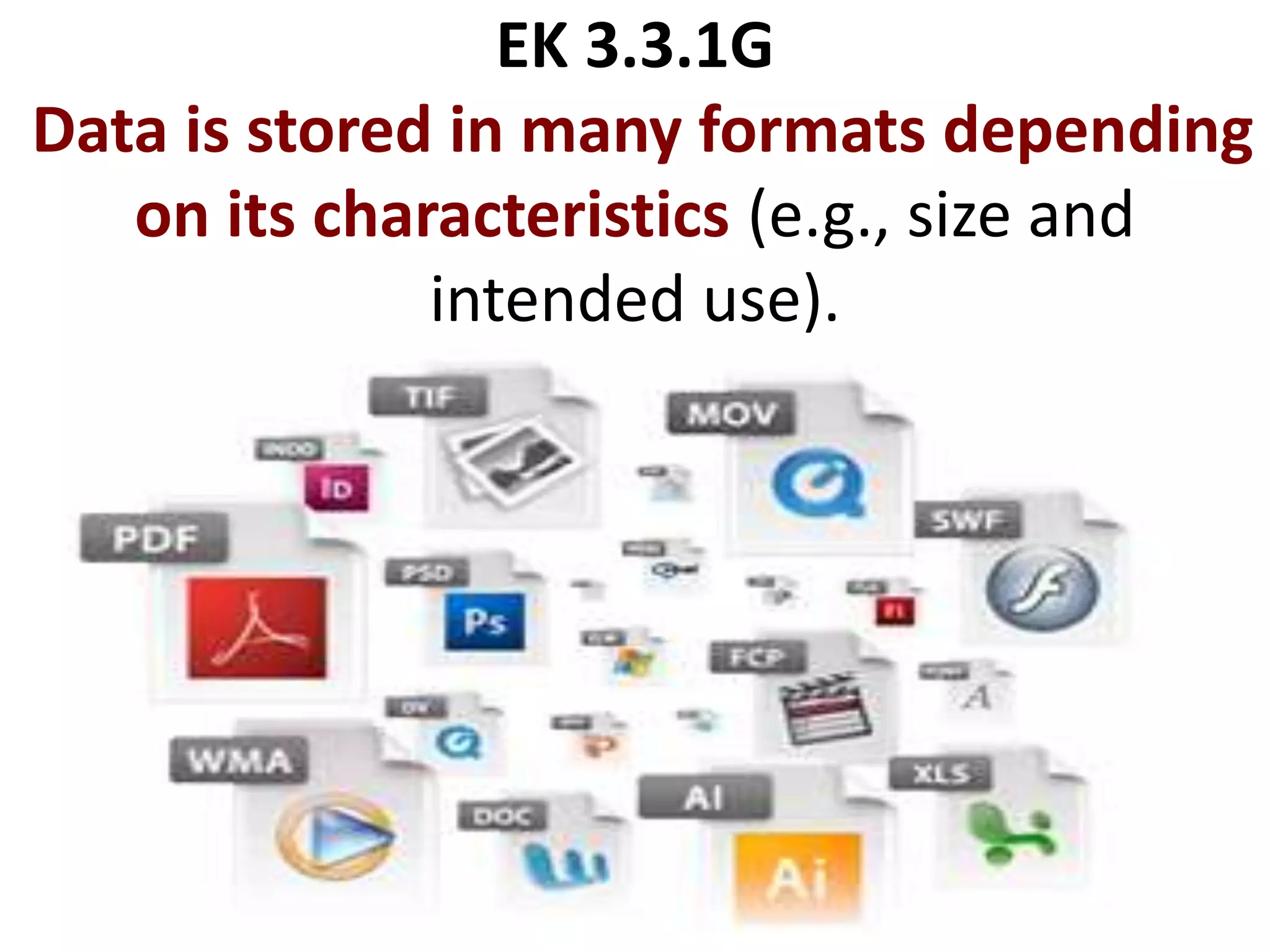 EK 3.3.1G
Data is stored in many formats depending
on its characteristics (e.g., size and
intended use).
 