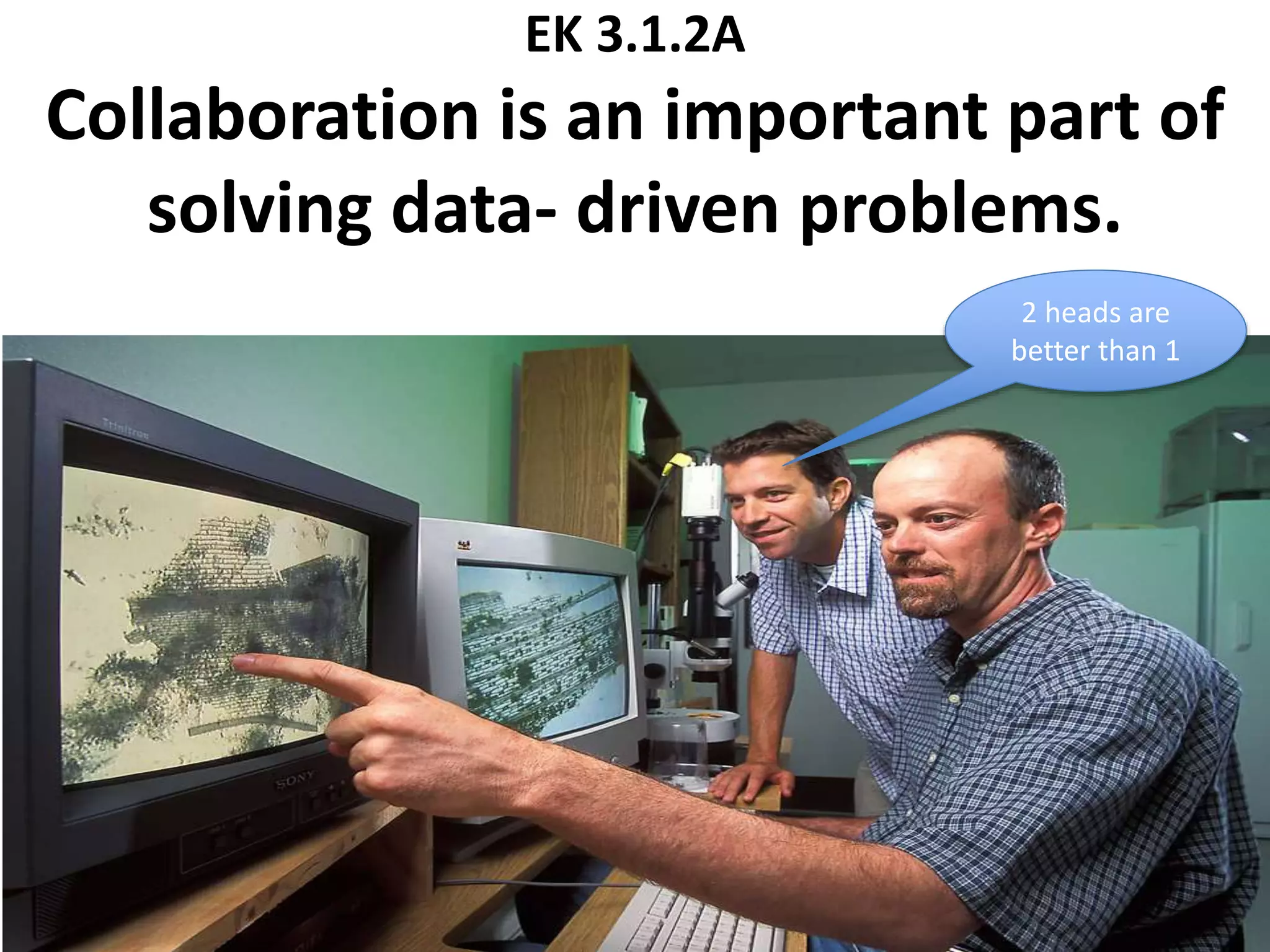 EK 3.1.2A
Collaboration is an important part of
solving data- driven problems.
2 heads are
better than 1
 