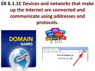 EK 6.1.1C Devices and networks that make
up the Internet are connected and
communicate using addresses and
protocols.
 