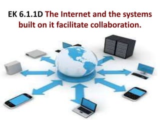 EK 6.1.1D The Internet and the systems
built on it facilitate collaboration.
The
architecture
of the
internet
allows all
of us to
work
together!
 