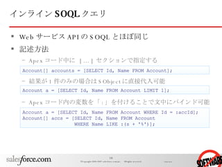 インライン SOQL クエリ Web サービス API の SOQL とほぼ同じ 記述方法 Apex コード中に  [ … ]  セクションで指定する 結果が 1 件のみの場合は SObject に直接代入可能 Apex コード内の変数を「 : 」を付けることで文中にバインド可能 Account[] accounts = [SELECT Id, Name FROM Account]; Account a = [SELECT Id, Name FROM Account WHERE Id = :accId]; Account[] accs = [SELECT Id, Name FROM Account  WHERE Name LIKE :(s + '%')]; Account a = [SELECT Id, Name FROM Account LIMIT 1]; 