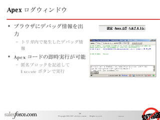 Apex ログウィンドウ ブラウザにデバッグ情報を出力 トリガ内で発生したデバッグ情報 Apex コードの即時実行が可能 匿名ブロックを記述して Execute ボタンで実行 