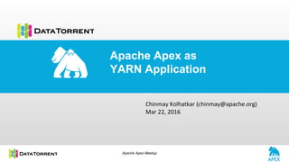 Apache Apex as
YARN Application
Chinmay Kolhatkar (chinmay@apache.org)
Mar 22, 2016
Apache Apex Meetup
 