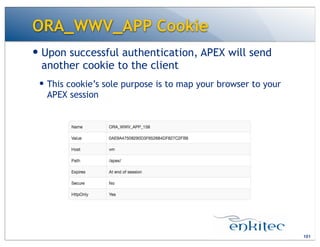 ORA_WWV_APP Cookie
— Upon successful authentication, APEX will send
another cookie to the client
— This cookie’s sole purpose is to map your browser to your
APEX session
101
 