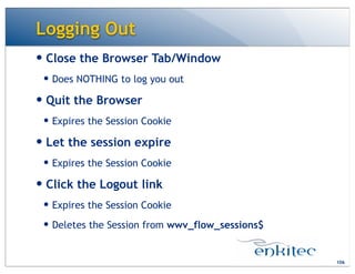 Logging Out
— Close the Browser Tab/Window
— Does NOTHING to log you out
— Quit the Browser
— Expires the Session Cookie
— Let the session expire
— Expires the Session Cookie
— Click the Logout link
— Expires the Session Cookie
— Deletes the Session from wwv_flow_sessions$
106
 