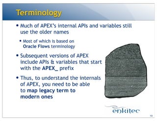 Terminology
13
— Much of APEX’s internal APIs and variables still
use the older names
— Most of which is based on
Oracle Flows terminology
— Subsequent versions of APEX
include APIs & variables that start
with the APEX_ prefix
— Thus, to understand the internals
of APEX, you need to be able
to map legacy term to
modern ones
 