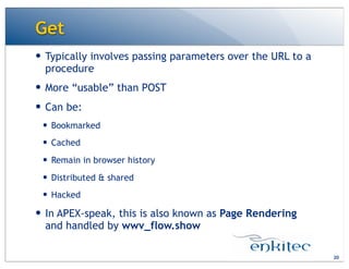 Get
— Typically involves passing parameters over the URL to a
procedure
— More “usable” than POST
— Can be:
— Bookmarked
— Cached
— Remain in browser history
— Distributed & shared
— Hacked
— In APEX-speak, this is also known as Page Rendering
and handled by wwv_flow.show
20
 