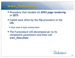wwv_flow.show
34
— Procedure that handles all APEX page rendering
or GETs
— Called most often by the f?p procedure in the
URL
— Also used in Ajax transactions
— The f procedure will decompose p= to its
component parameters and then call
wwv_flow.show
 