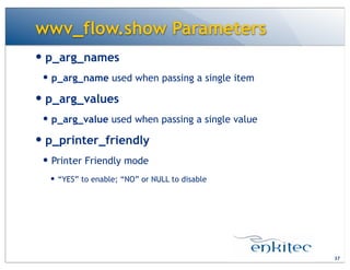 wwv_flow.show Parameters
— p_arg_names
— p_arg_name used when passing a single item
— p_arg_values
— p_arg_value used when passing a single value
— p_printer_friendly
— Printer Friendly mode
— “YES” to enable; “NO” or NULL to disable
37
 