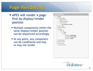 Page Rendering
— APEX will render a page
first by display/render
position
— Multiple components within the
same display/render position
can be sequenced accordingly
— At any point, any component
can be conditional and may
or may not render
42
 