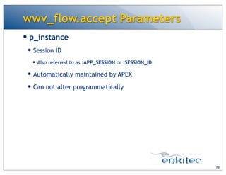 wwv_flow.accept Parameters
— p_instance
— Session ID
— Also referred to as :APP_SESSION or :SESSION_ID
— Automatically maintained by APEX
— Can not alter programmatically
73
 