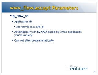 wwv_flow.accept Parameters
— p_flow_id
— Application ID
— Also referred to as :APP_ID
— Automatically set by APEX based on which application
you’re running
— Can not alter programmatically
74
 