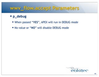 wwv_flow.accept Parameters
— p_debug
— When passed “YES”, APEX will run in DEBUG mode
— No value or “NO” will disable DEBUG mode
83
 