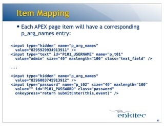Item Mapping
— Each APEX page item will have a corresponding
p_arg_names entry:
87
<input type="hidden" name="p_arg_names"
value="8295929934913911" />
<input type="text" id="P101_USERNAME" name="p_t01"
value="admin" size="40" maxlength="100" class="text_field" />
...
<input type="hidden" name="p_arg_names"
value="8296003745913912" />
<input type="password" name="p_t02" size="40" maxlength="100"
value="" id="P101_PASSWORD" class="password"
onkeypress="return submitEnter(this,event)" />
 