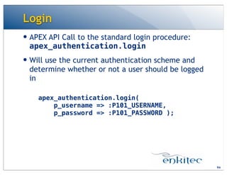 Login
— APEX API Call to the standard login procedure:
apex_authentication.login
— Will use the current authentication scheme and
determine whether or not a user should be logged
in
94
apex_authentication.login(
p_username => :P101_USERNAME,
p_password => :P101_PASSWORD );
 