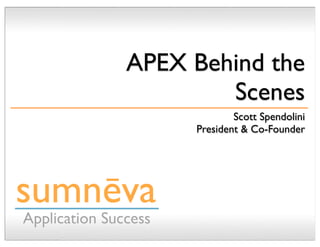 APEX Behind the
Scenes
Scott Spendolini
President & Co-Founder
 