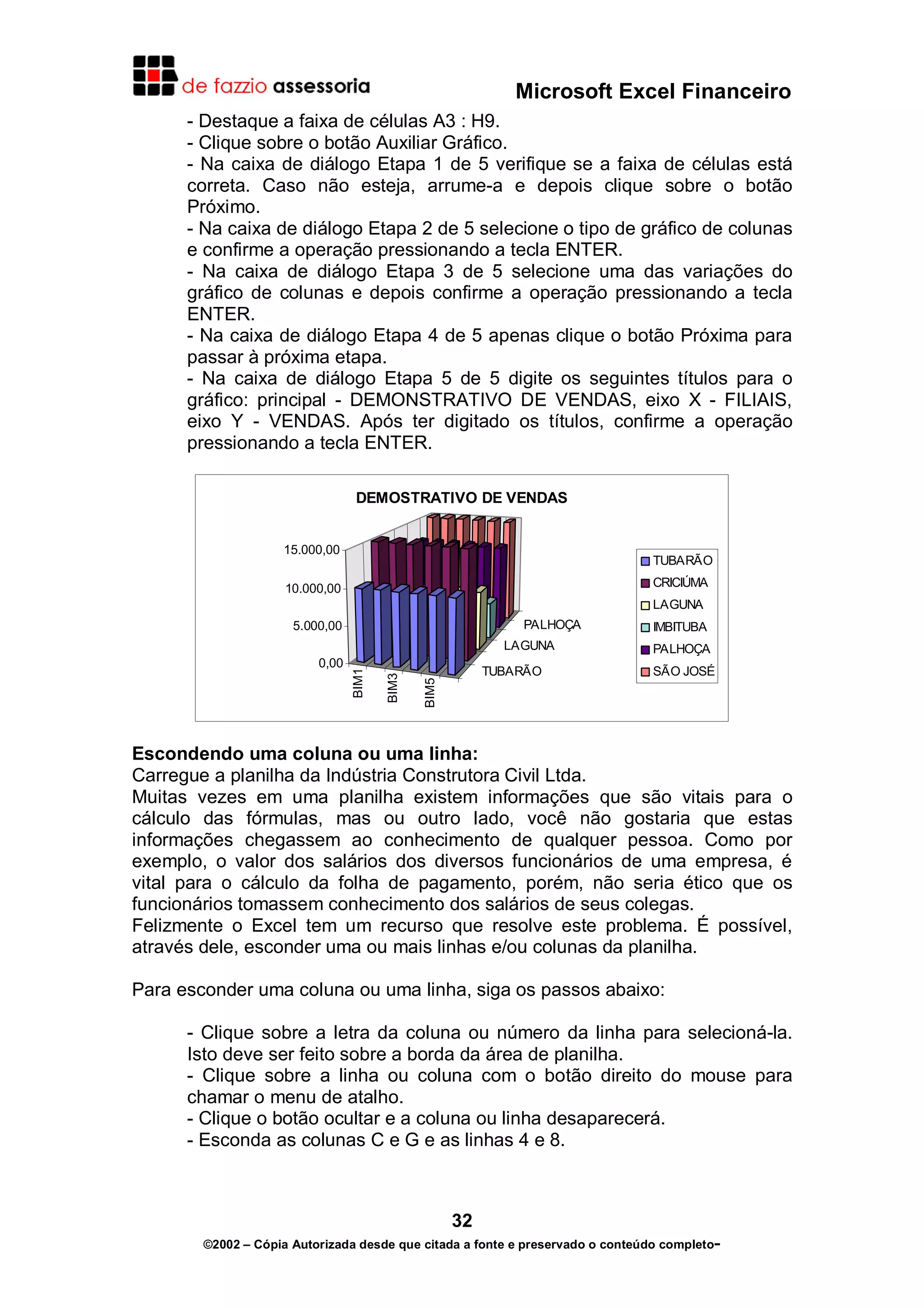 Microsoft Excel Financeiro
- Destaque a faixa de células A3 : H9.
- Clique sobre o botão Auxiliar Gráfico.
- Na caixa de diálogo Etapa 1 de 5 verifique se a faixa de células está
correta. Caso não esteja, arrume-a e depois clique sobre o botão
Próximo.
- Na caixa de diálogo Etapa 2 de 5 selecione o tipo de gráfico de colunas
e confirme a operação pressionando a tecla ENTER.
- Na caixa de diálogo Etapa 3 de 5 selecione uma das variações do
gráfico de colunas e depois confirme a operação pressionando a tecla
ENTER.
- Na caixa de diálogo Etapa 4 de 5 apenas clique o botão Próxima para
passar à próxima etapa.
- Na caixa de diálogo Etapa 5 de 5 digite os seguintes títulos para o
gráfico: principal - DEMONSTRATIVO DE VENDAS, eixo X - FILIAIS,
eixo Y - VENDAS. Após ter digitado os títulos, confirme a operação
pressionando a tecla ENTER.
DEMOSTRATIVO DE VENDAS
15.000,00

TUBARÃO
CRICIÚMA

10.000,00

LAGUNA
PALHOÇA

5.000,00

TUBARÃO

BIM5

BIM3

0,00

BIM1

LAGUNA

IMBITUBA
PALHOÇA
SÃO JOSÉ

Escondendo uma coluna ou uma linha:
Carregue a planilha da Indústria Construtora Civil Ltda.
Muitas vezes em uma planilha existem informações que são vitais para o
cálculo das fórmulas, mas ou outro lado, você não gostaria que estas
informações chegassem ao conhecimento de qualquer pessoa. Como por
exemplo, o valor dos salários dos diversos funcionários de uma empresa, é
vital para o cálculo da folha de pagamento, porém, não seria ético que os
funcionários tomassem conhecimento dos salários de seus colegas.
Felizmente o Excel tem um recurso que resolve este problema. É possível,
através dele, esconder uma ou mais linhas e/ou colunas da planilha.
Para esconder uma coluna ou uma linha, siga os passos abaixo:
- Clique sobre a letra da coluna ou número da linha para selecioná-la.
Isto deve ser feito sobre a borda da área de planilha.
- Clique sobre a linha ou coluna com o botão direito do mouse para
chamar o menu de atalho.
- Clique o botão ocultar e a coluna ou linha desaparecerá.
- Esconda as colunas C e G e as linhas 4 e 8.

32
©2002 – Cópia Autorizada desde que citada a fonte e preservado o conteúdo completo-

 