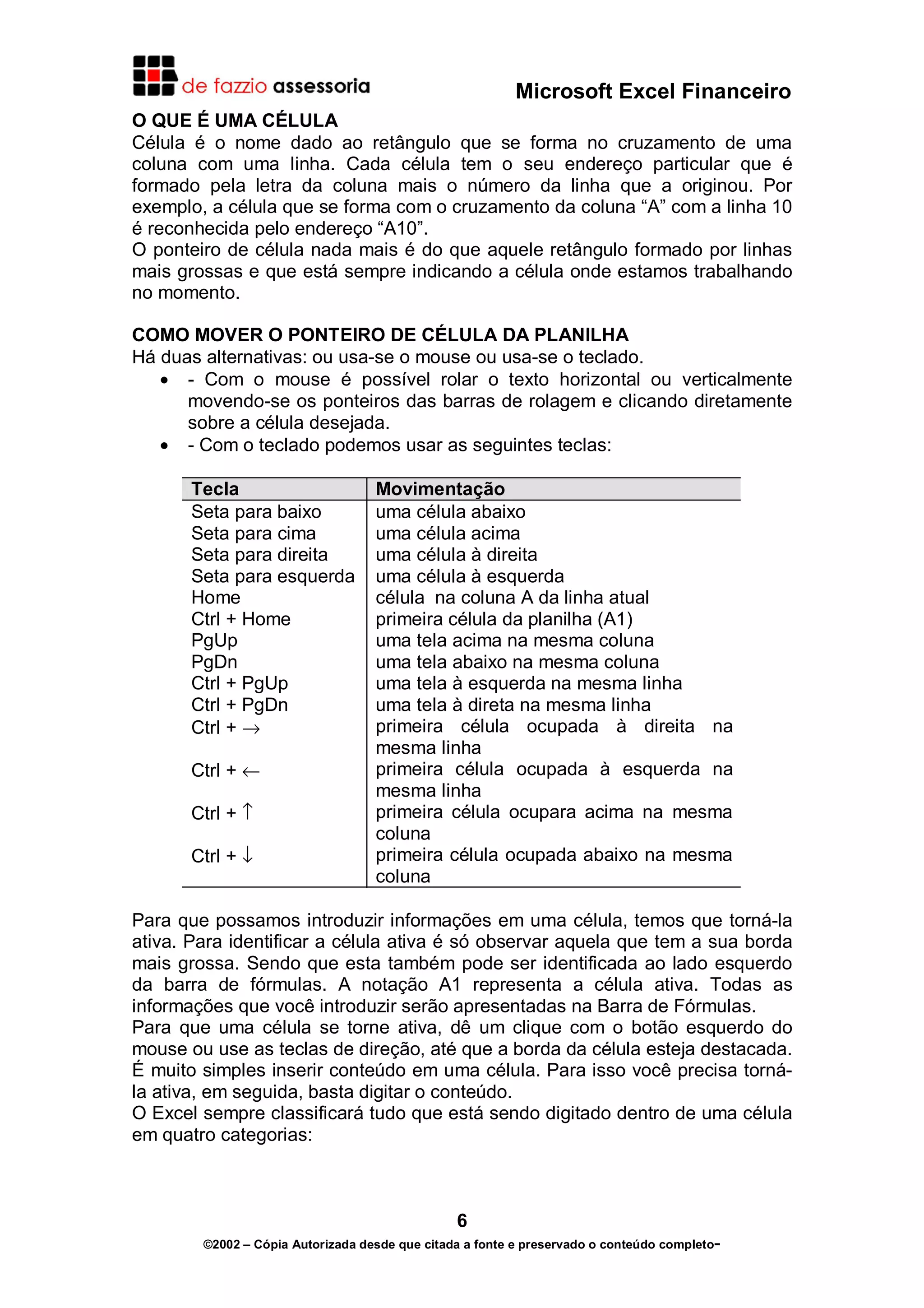 Microsoft Excel Financeiro
O QUE É UMA CÉLULA
Célula é o nome dado ao retângulo que se forma no cruzamento de uma
coluna com uma linha. Cada célula tem o seu endereço particular que é
formado pela letra da coluna mais o número da linha que a originou. Por
exemplo, a célula que se forma com o cruzamento da coluna “A” com a linha 10
é reconhecida pelo endereço “A10”.
O ponteiro de célula nada mais é do que aquele retângulo formado por linhas
mais grossas e que está sempre indicando a célula onde estamos trabalhando
no momento.
COMO MOVER O PONTEIRO DE CÉLULA DA PLANILHA
Há duas alternativas: ou usa-se o mouse ou usa-se o teclado.
• - Com o mouse é possível rolar o texto horizontal ou verticalmente
movendo-se os ponteiros das barras de rolagem e clicando diretamente
sobre a célula desejada.
• - Com o teclado podemos usar as seguintes teclas:
Tecla
Seta para baixo
Seta para cima
Seta para direita
Seta para esquerda
Home
Ctrl + Home
PgUp
PgDn
Ctrl + PgUp
Ctrl + PgDn
Ctrl + →
Ctrl + ←
Ctrl + ↑
Ctrl + ↓

Movimentação
uma célula abaixo
uma célula acima
uma célula à direita
uma célula à esquerda
célula na coluna A da linha atual
primeira célula da planilha (A1)
uma tela acima na mesma coluna
uma tela abaixo na mesma coluna
uma tela à esquerda na mesma linha
uma tela à direta na mesma linha
primeira célula ocupada à direita na
mesma linha
primeira célula ocupada à esquerda na
mesma linha
primeira célula ocupara acima na mesma
coluna
primeira célula ocupada abaixo na mesma
coluna

Para que possamos introduzir informações em uma célula, temos que torná-la
ativa. Para identificar a célula ativa é só observar aquela que tem a sua borda
mais grossa. Sendo que esta também pode ser identificada ao lado esquerdo
da barra de fórmulas. A notação A1 representa a célula ativa. Todas as
informações que você introduzir serão apresentadas na Barra de Fórmulas.
Para que uma célula se torne ativa, dê um clique com o botão esquerdo do
mouse ou use as teclas de direção, até que a borda da célula esteja destacada.
É muito simples inserir conteúdo em uma célula. Para isso você precisa tornála ativa, em seguida, basta digitar o conteúdo.
O Excel sempre classificará tudo que está sendo digitado dentro de uma célula
em quatro categorias:

6
©2002 – Cópia Autorizada desde que citada a fonte e preservado o conteúdo completo-

 
