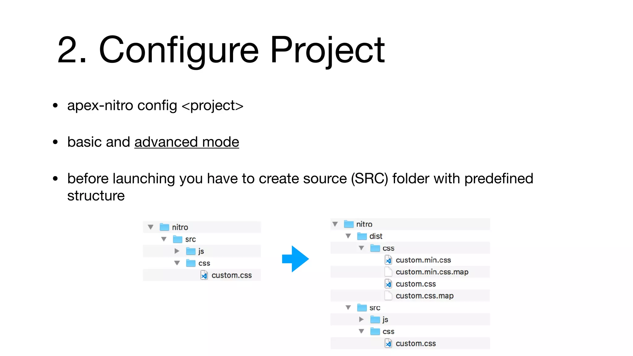 2. Conﬁgure Project
• apex-nitro conﬁg <project>

• basic and advanced mode

• before launching you have to create source (SRC) folder with predeﬁned
structure
 
