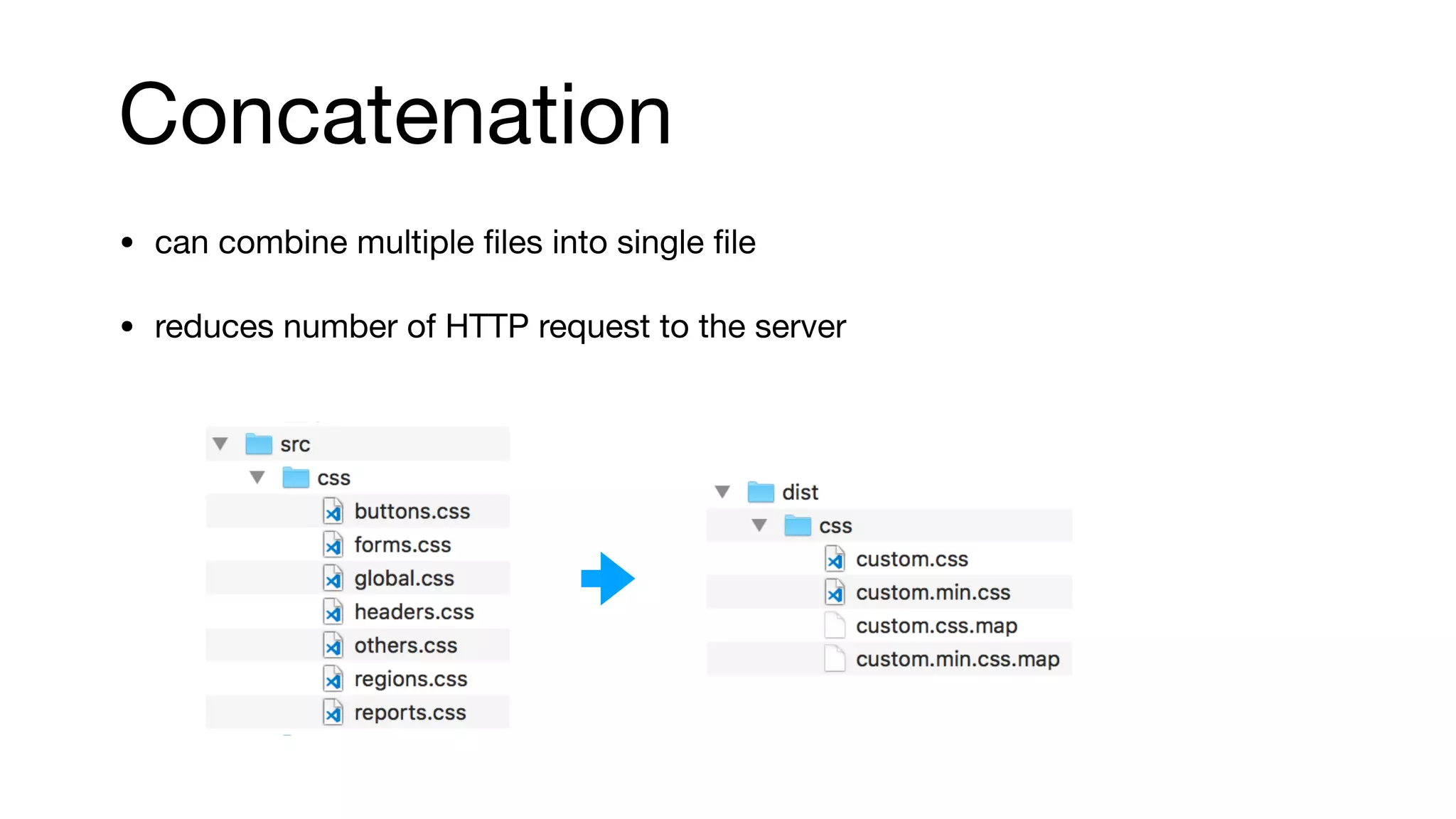 Concatenation
• can combine multiple ﬁles into single ﬁle

• reduces number of HTTP request to the server
 